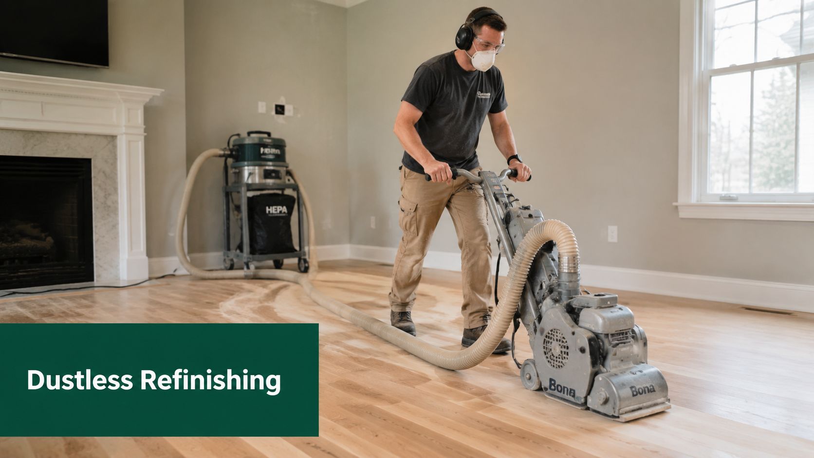 A professional contractor performing dustless floor refinishing using a high-powered Bona sanding machine in a home.