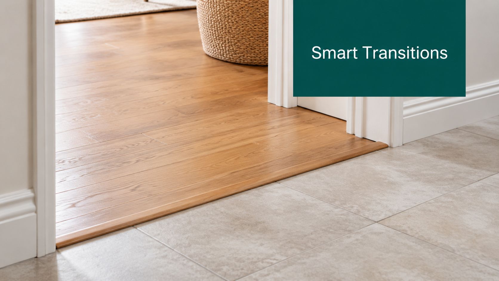 A seamless transition strip connecting light oak hardwood flooring to beige ceramic tiles in a doorway.