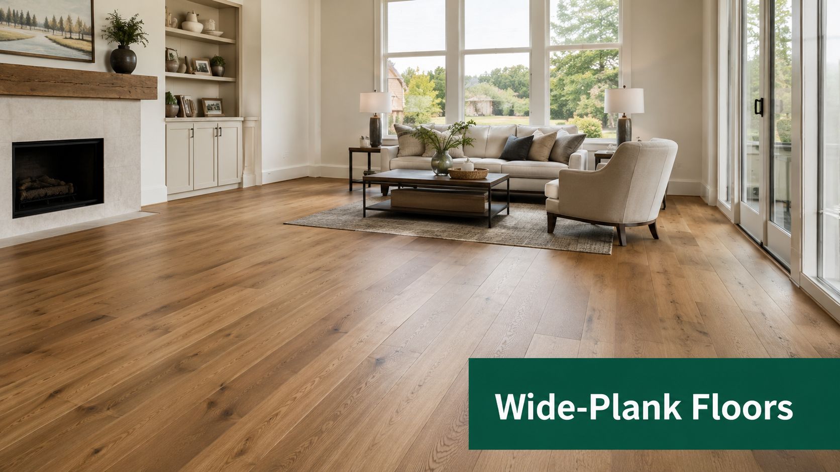 A bright, modern living room featuring warm-toned wide-plank hardwood floors and elegant, comfortable furniture.