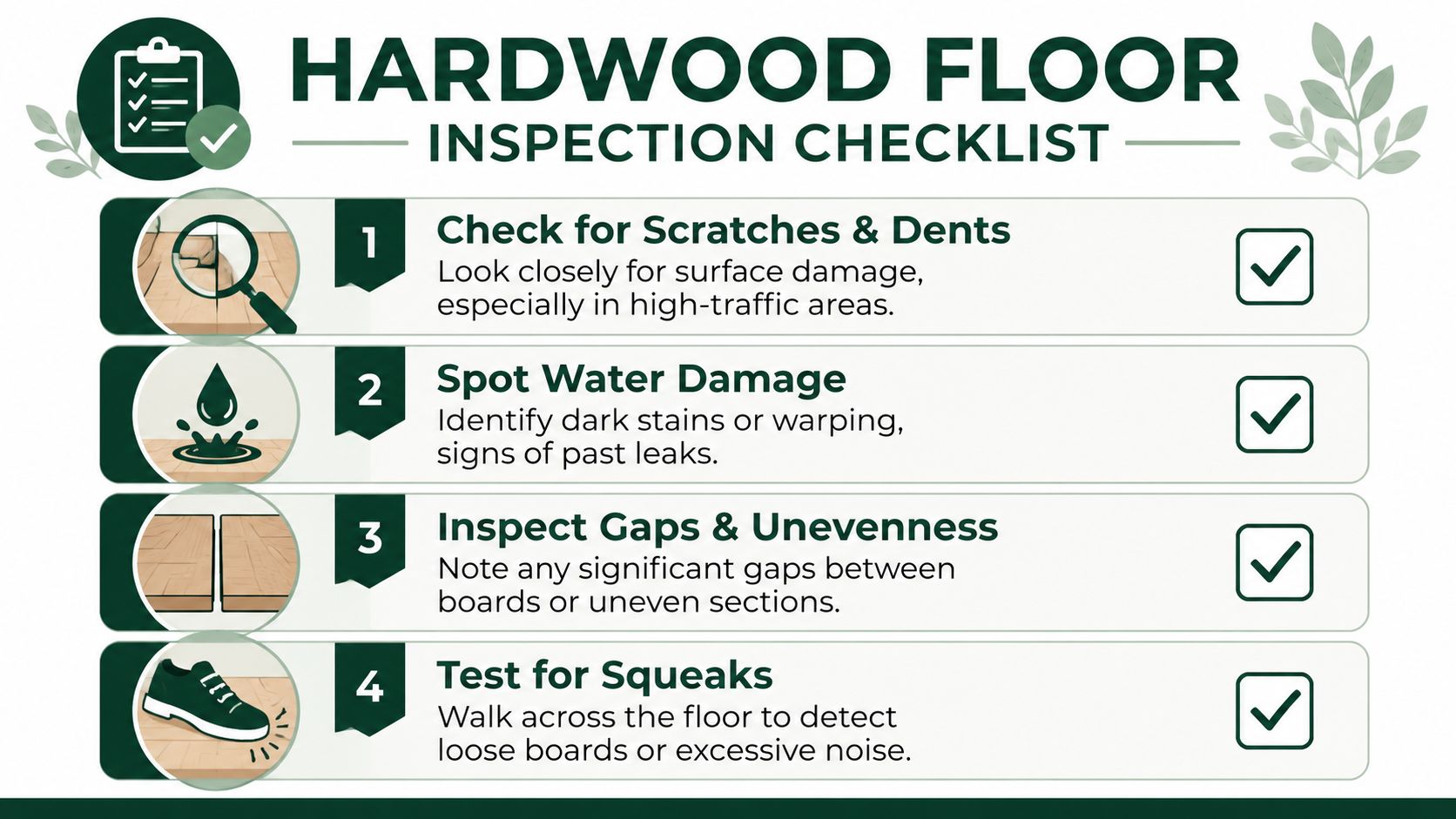 A four-step inspection checklist for hardwood floors displayed on a clean, professional infographic background.
