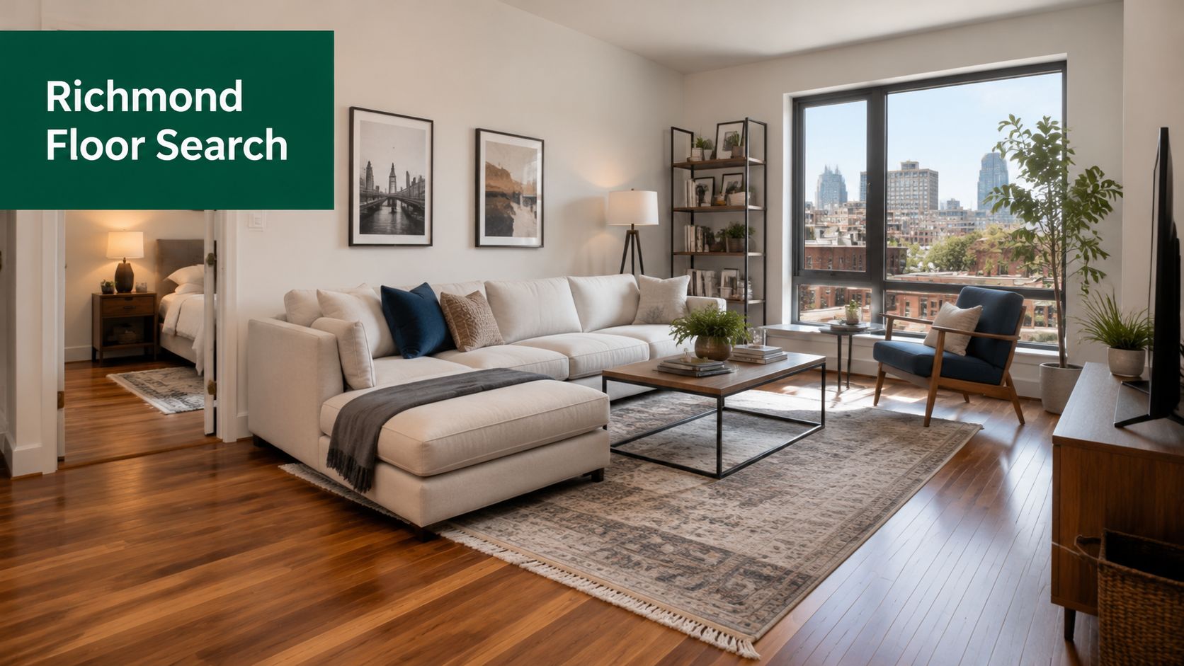 A modern living room with hardwood floors featuring a beige sofa, area rug, and a city view.