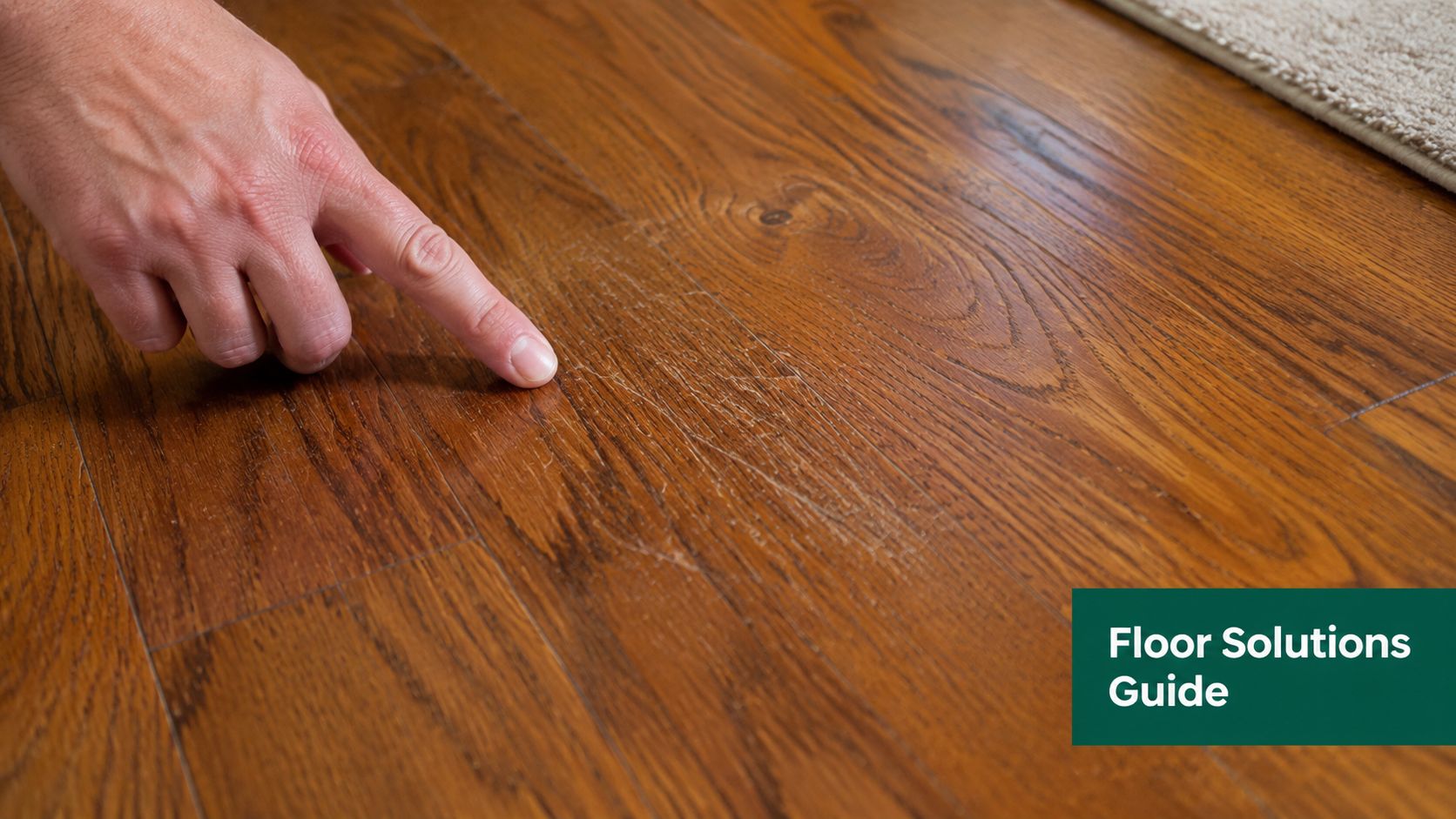A close-up of a person pointing to surface scratches on a natural hardwood floor.