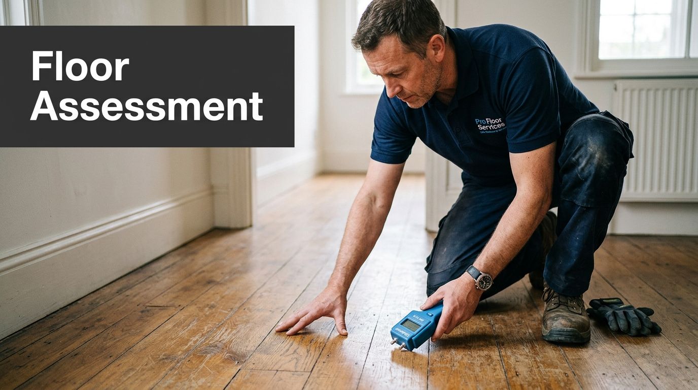 A professional flooring specialist inspecting the condition of a wooden floor using a moisture meter tool.