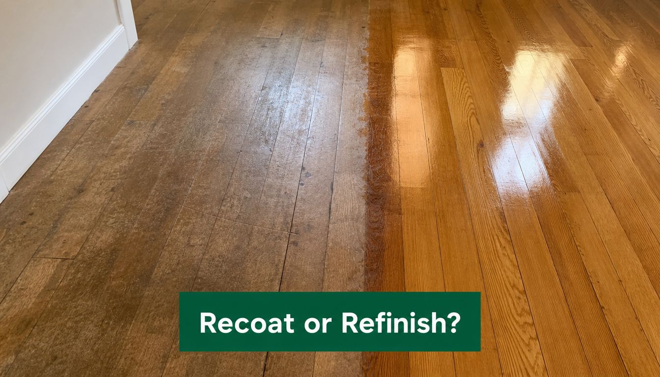 A wooden floor comparing a dull, worn-out unfinished section next to a newly polished, shiny finished section.