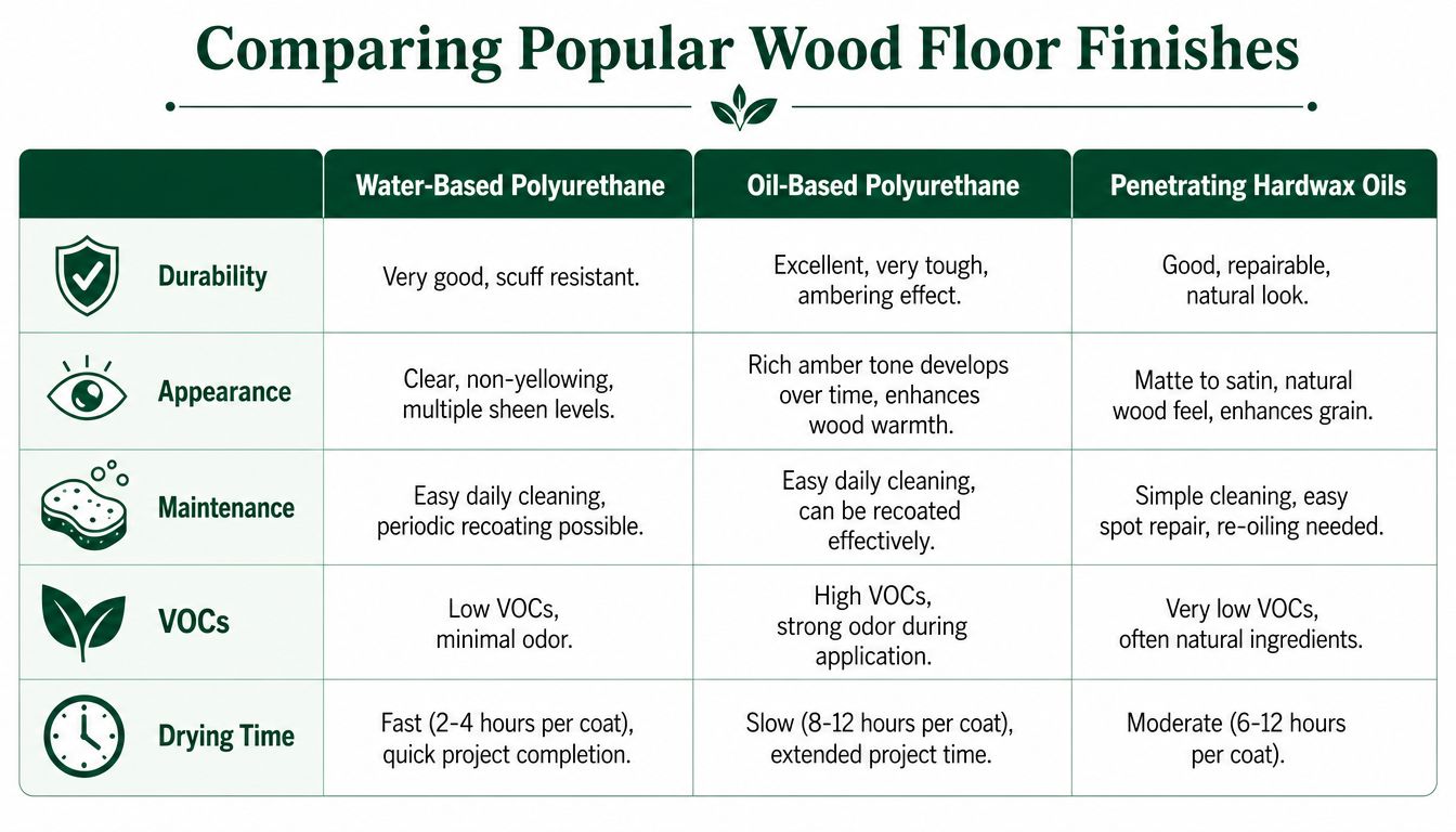 A comparison table outlining the key differences between water-based polyurethane, oil-based polyurethane, and penetrating hardwax oils.