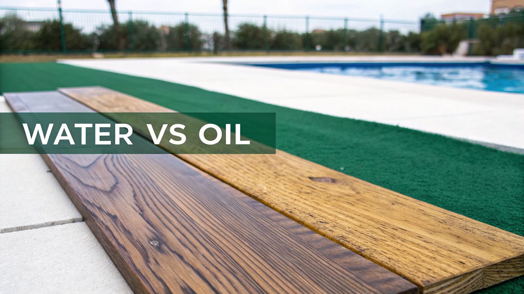 Two wooden planks demonstrating the difference between water-based and oil-based wood treatments.