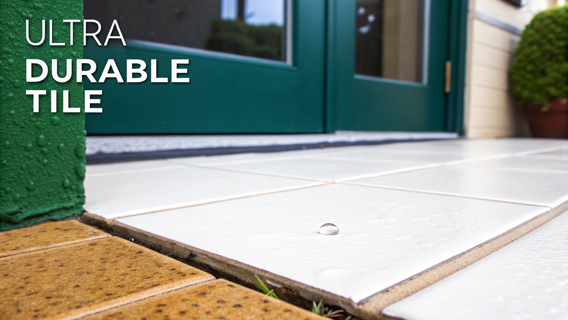 Close-up of white ultra durable outdoor tiles with a water droplet, next to a green door.