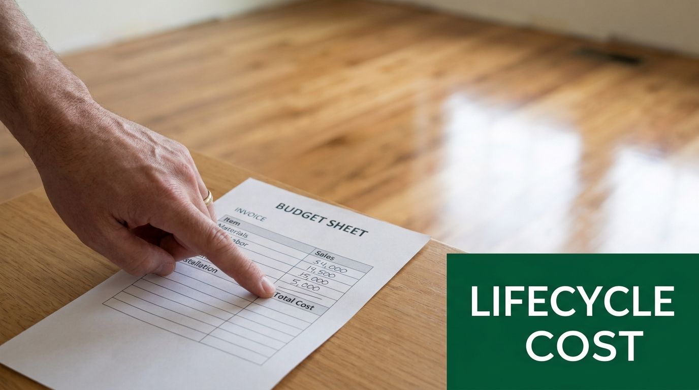 A hand pointing to a budget sheet invoice on a wooden floor background with text overlay.