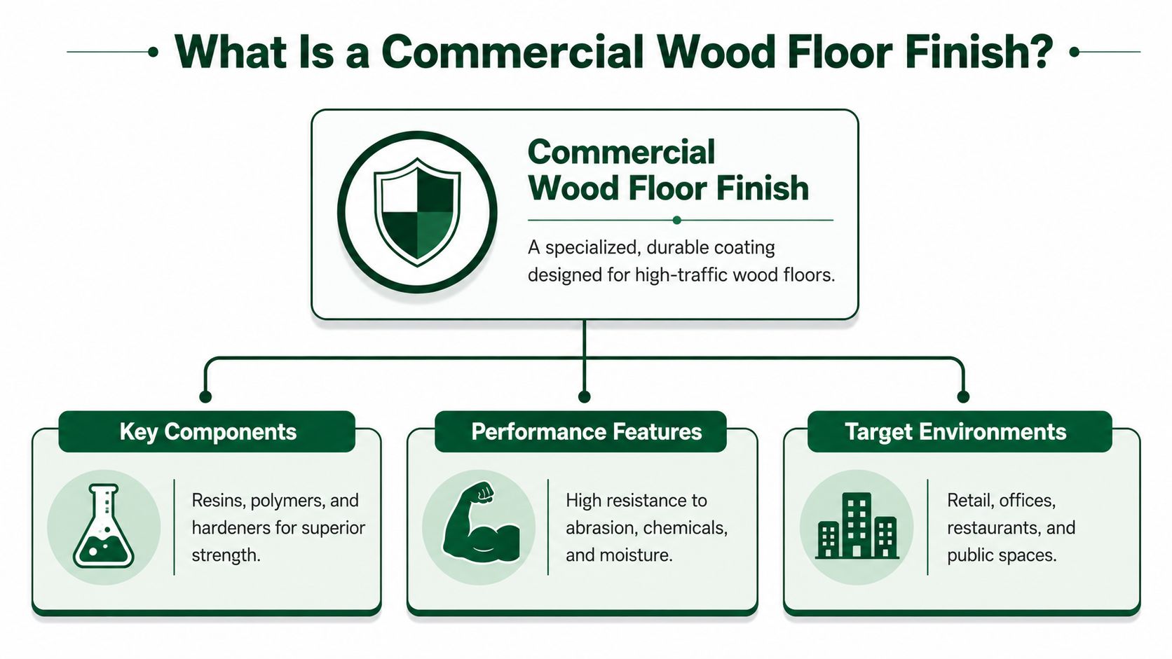 An infographic explaining the definition, components, performance features, and target environments of commercial wood floor finishes.