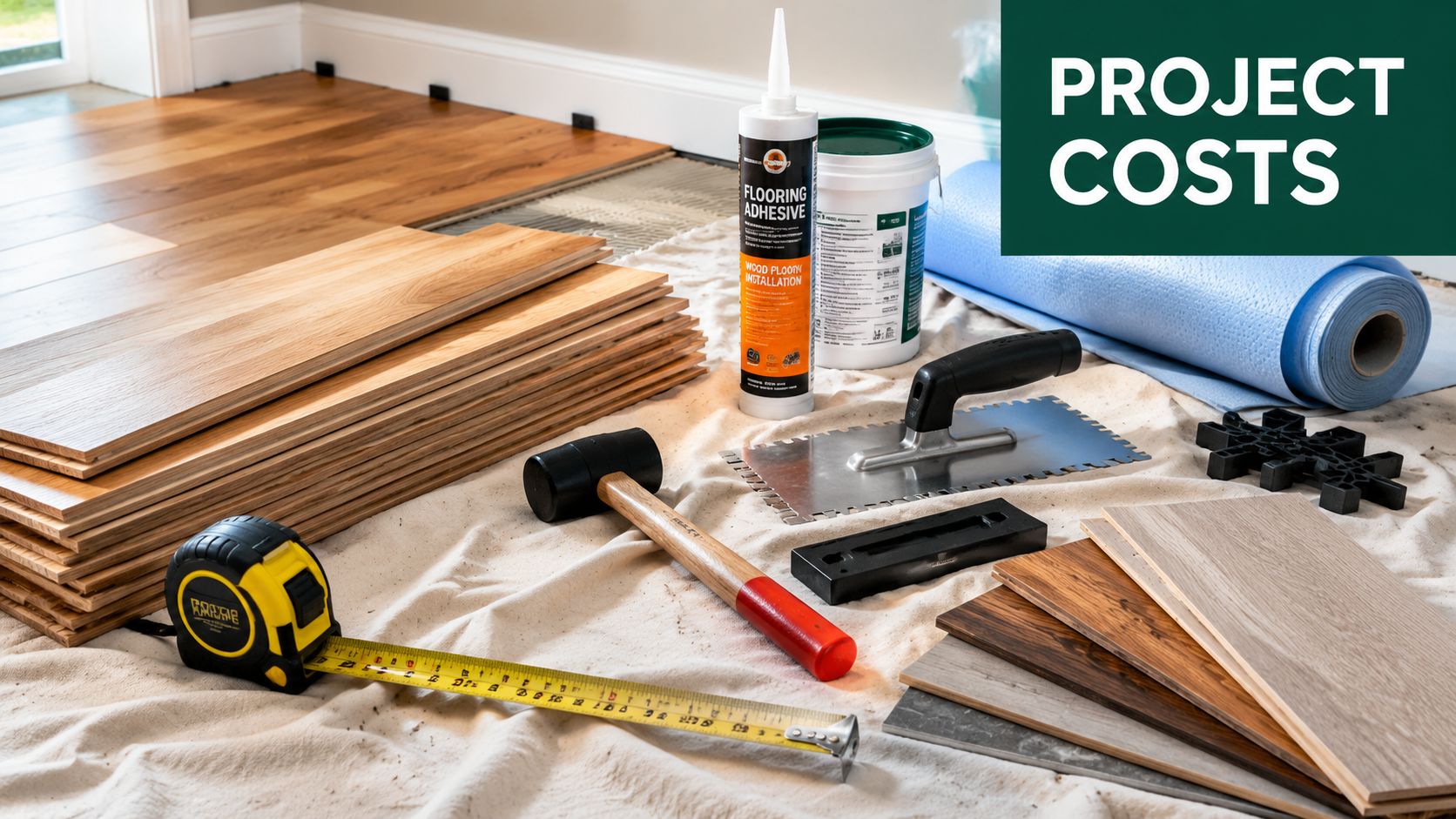 Installation supplies for hardwood flooring including adhesive, a tape measure, mallet, and floor planks on a drop cloth.