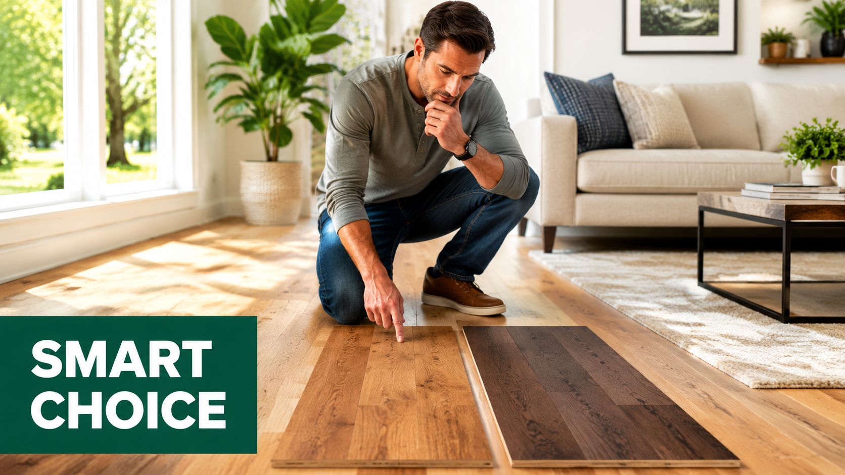 A man kneeling on a wooden floor comparing light and dark samples of wood flooring materials.