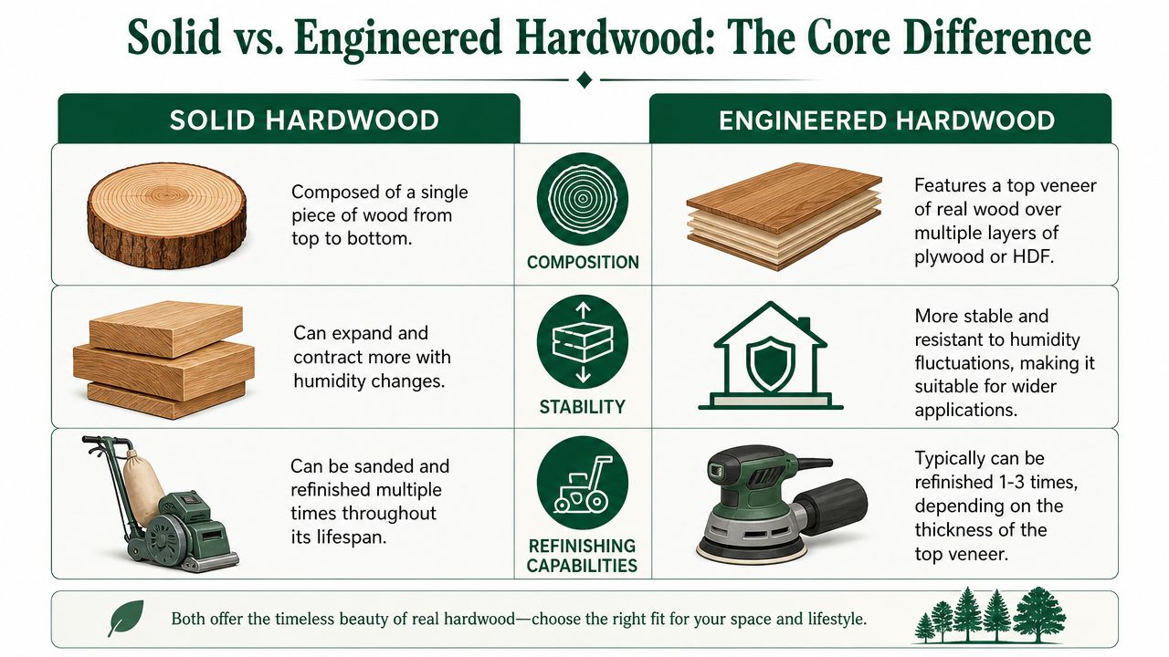 A comparative infographic illustrating the key differences between solid hardwood and engineered hardwood flooring options.
