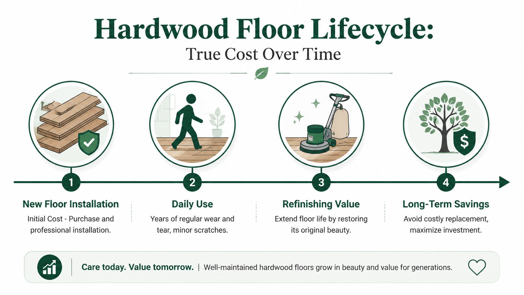 A diagram illustrating the four-stage lifecycle and long-term cost benefits of maintaining hardwood flooring.