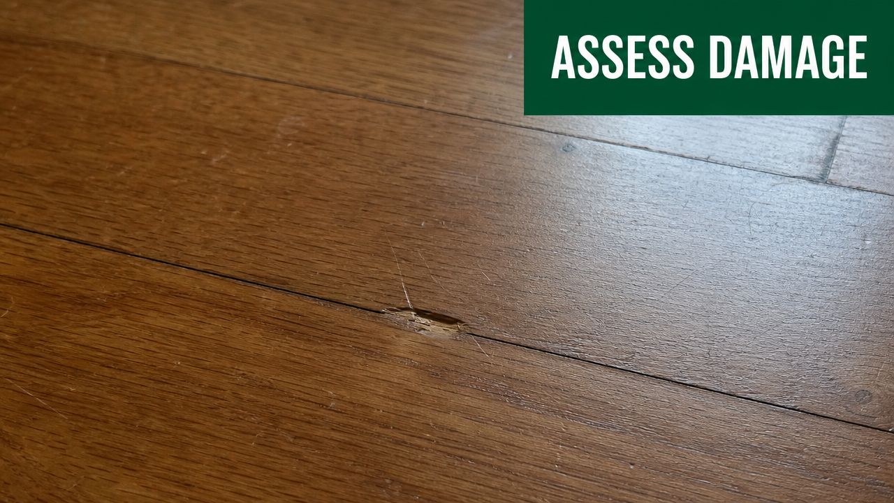 A close-up shot of a small gouge and splintered wood damage on a brown hardwood floor surface.