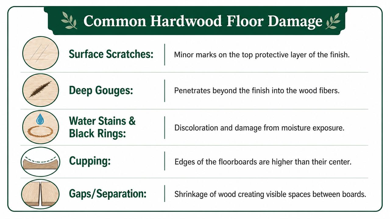 A visual guide illustrating common types of hardwood floor damage like scratches, gouges, stains, cupping, and gaps.