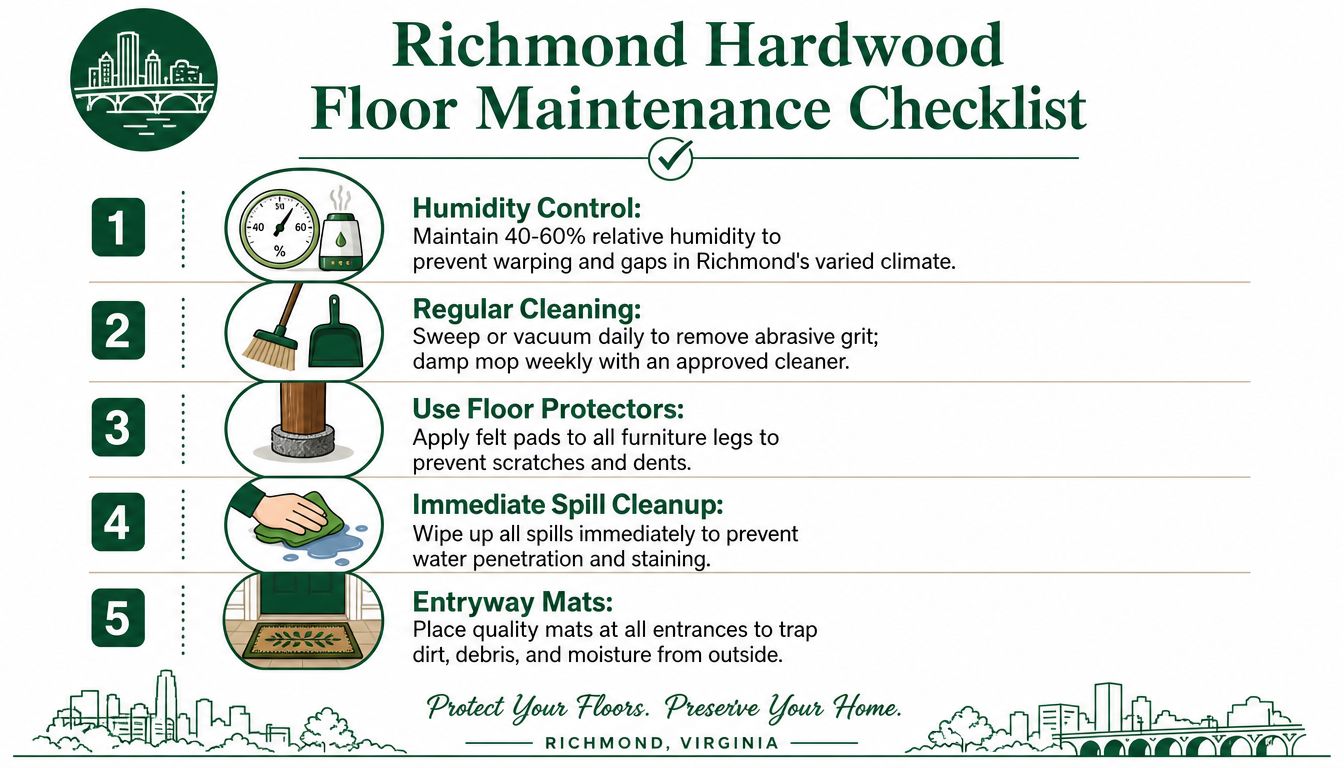 An informative infographic illustrating five essential maintenance tips for protecting and caring for hardwood floors.