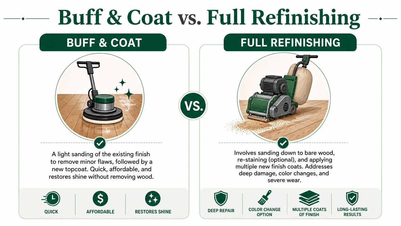 A comparison chart showing the differences between buff and coat versus full refinishing for wood flooring.