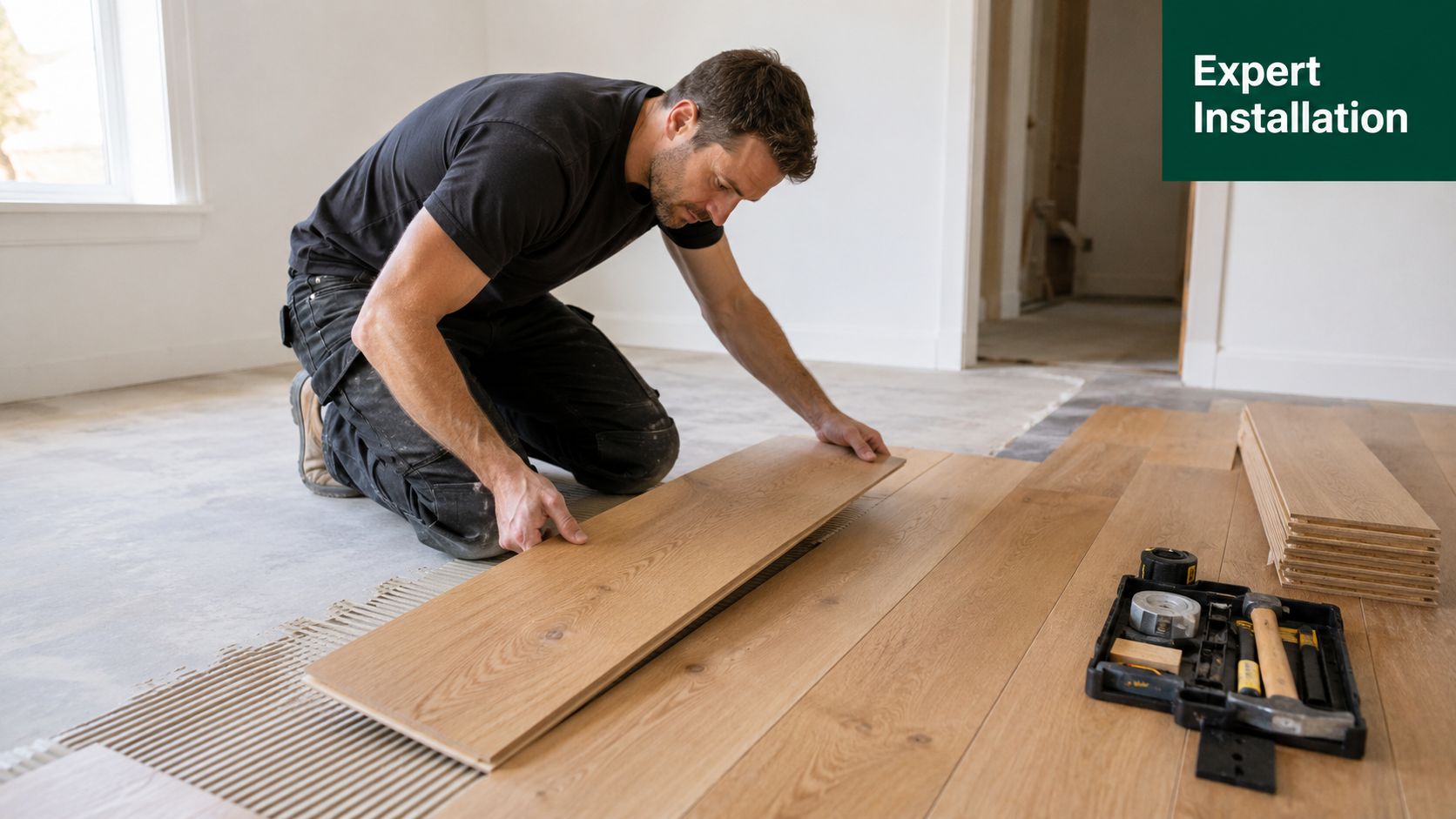 A professional floor installer kneeling on the floor to carefully install European white oak flooring planks.