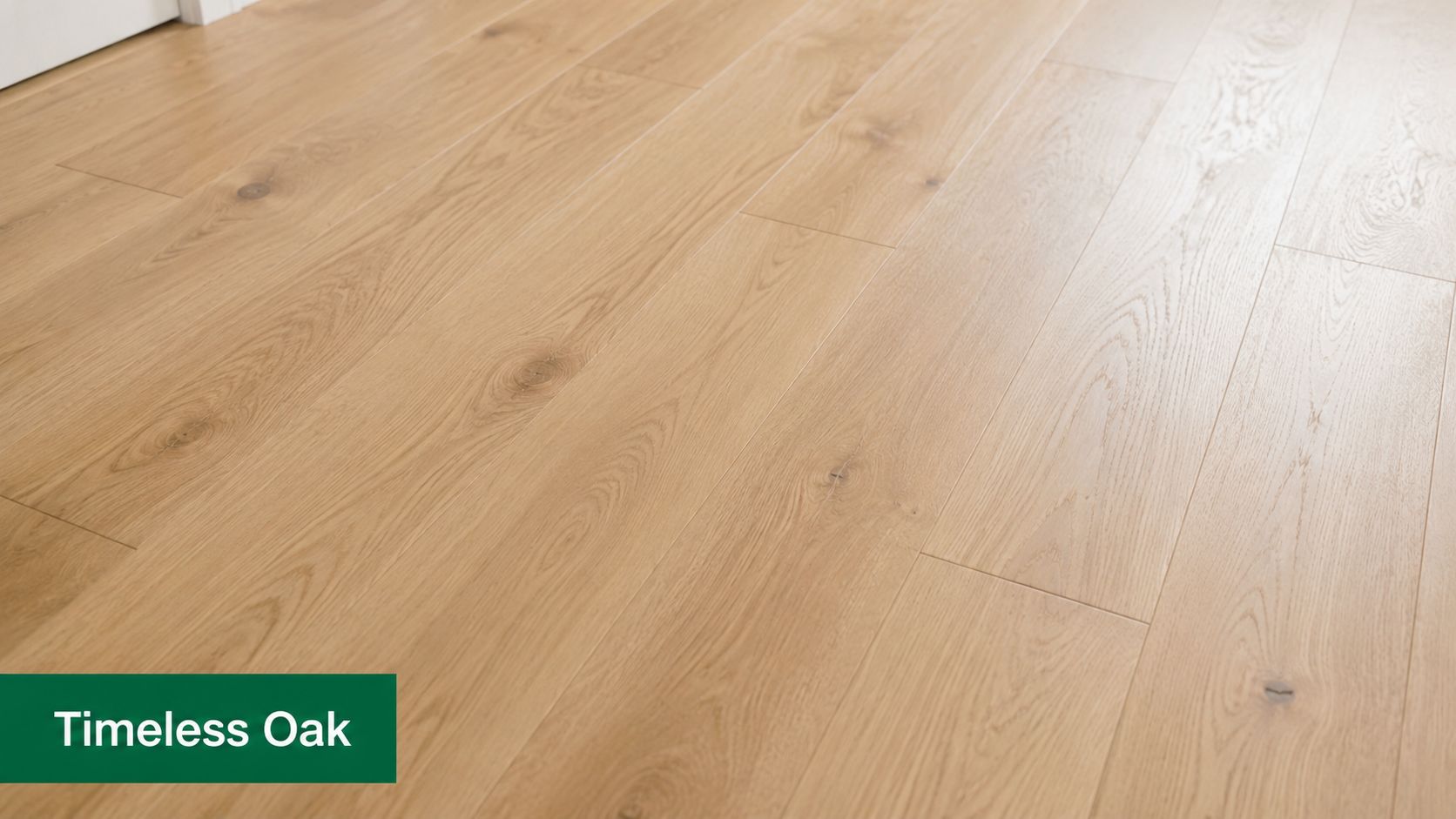 Close-up of light-toned European white oak flooring planks showing natural wood grain and knots in a room.
