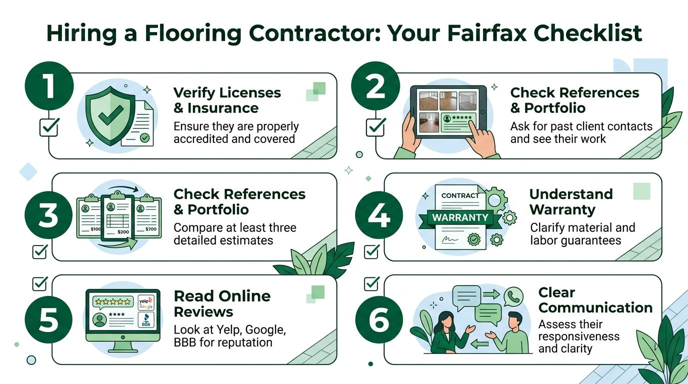 A six-step checklist infographic for hiring a professional flooring contractor in Fairfax, Virginia.