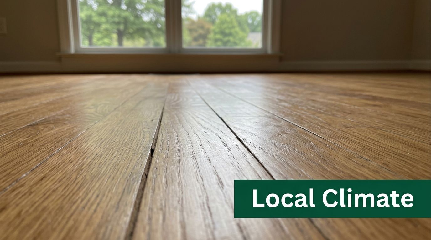 Close-up of weathered hardwood floorboards with visible gaps near a window in a residential room.