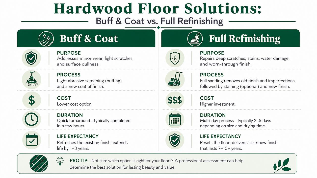 A comparison chart outlining the differences between hardwood floor buff and coat versus full refinishing services.