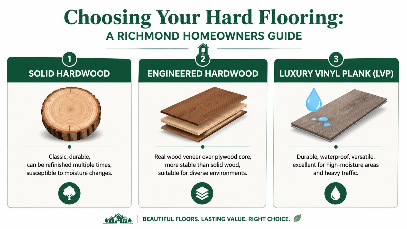 An infographic comparing solid hardwood, engineered hardwood, and luxury vinyl plank flooring for Richmond homeowners.