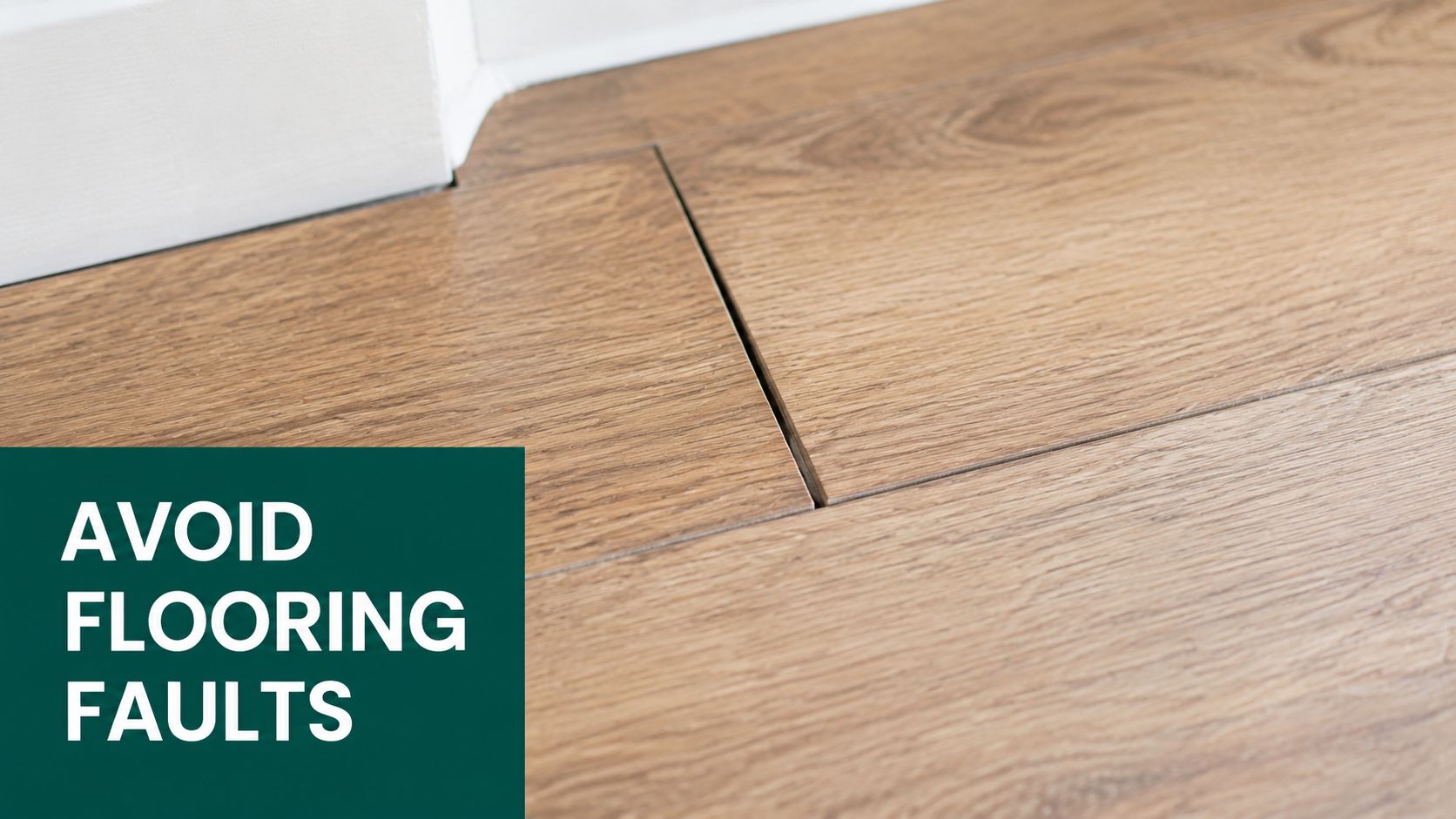 A close-up view of laminate flooring planks showing an improperly installed joint and a visible gap.
