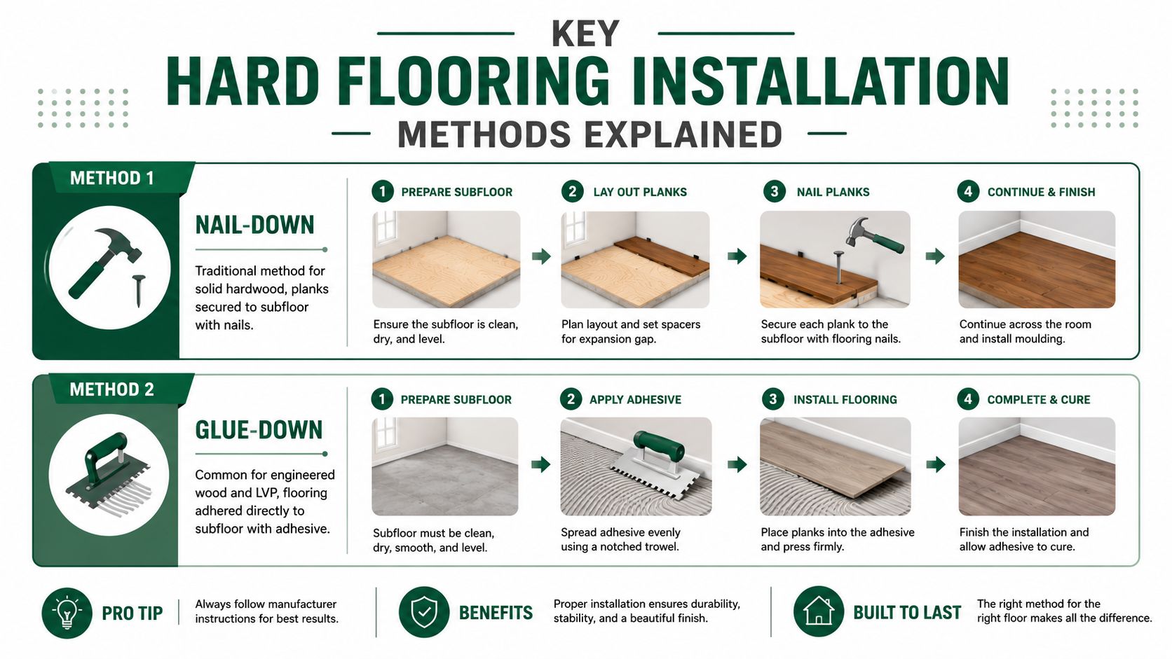 An infographic detailing two common hard flooring installation methods: nail-down for solid wood and glue-down for LVP.