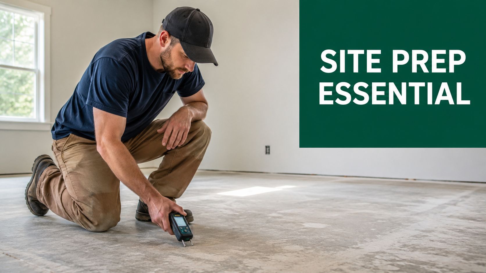 A professional construction worker kneeling on a concrete subfloor while checking moisture levels with a digital meter.