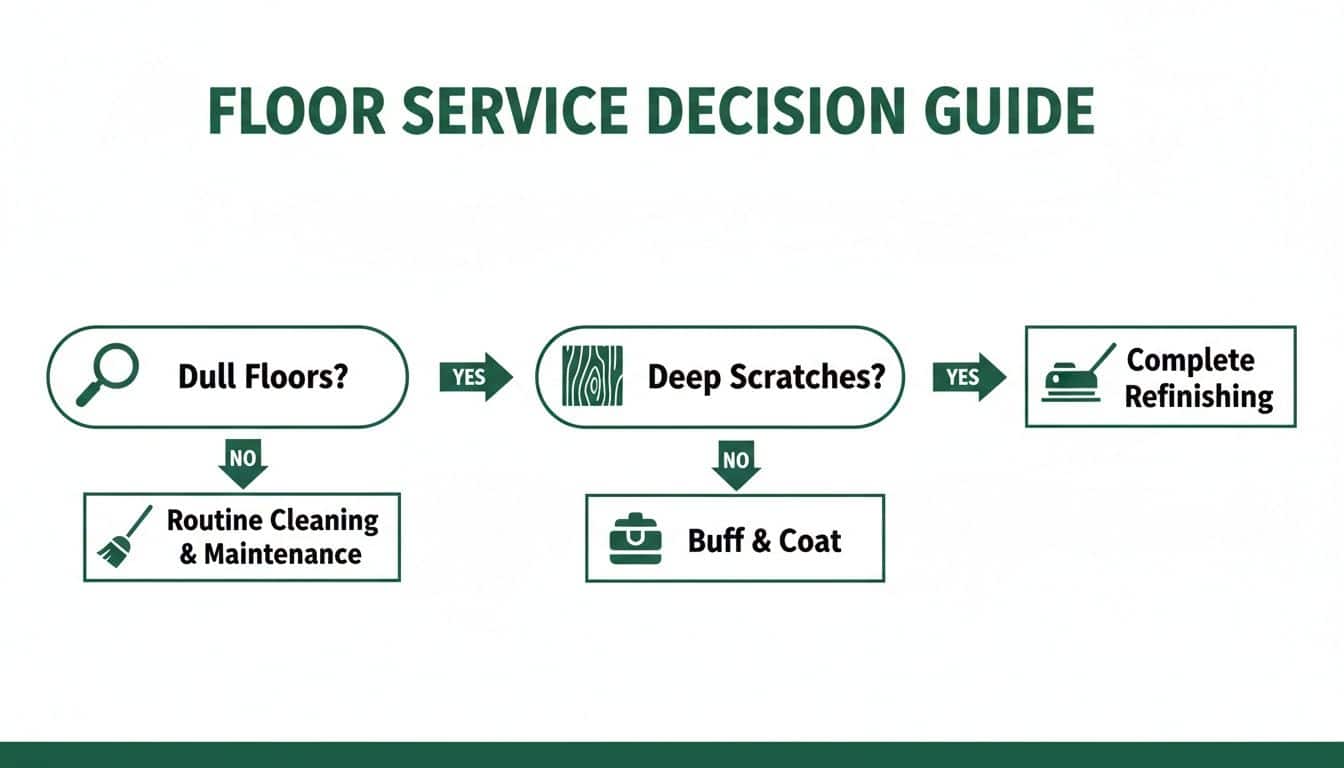 A floor service decision guide flowchart addressing dull floors, deep scratches, and various maintenance options.