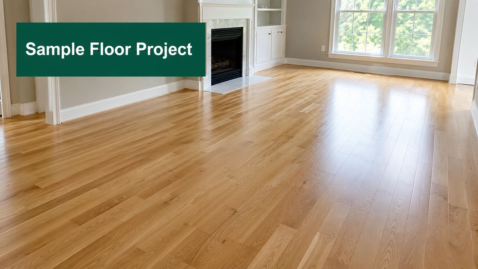 A beautiful, well-lit living room featuring polished, light-colored hardwood flooring installed in a residential space.