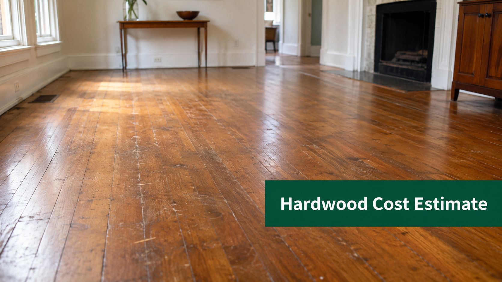A brightly lit, empty room featuring worn brown hardwood flooring and a wooden side table.