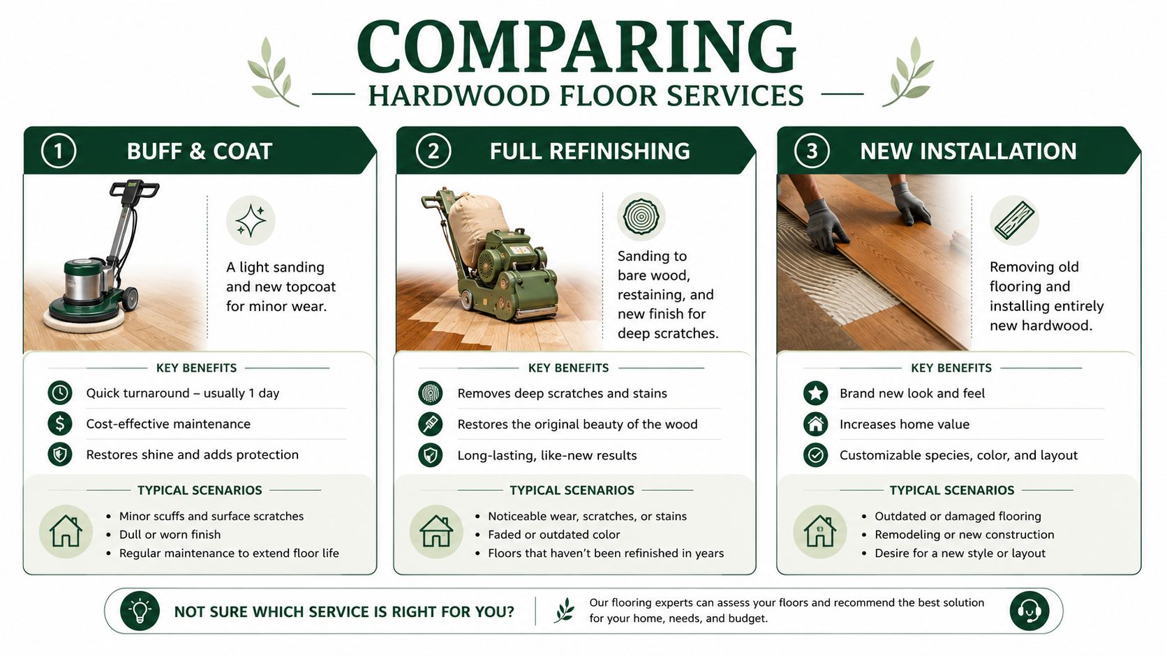 A comparison infographic detailing hardwood floor services including buff and coat, full refinishing, and new installation.