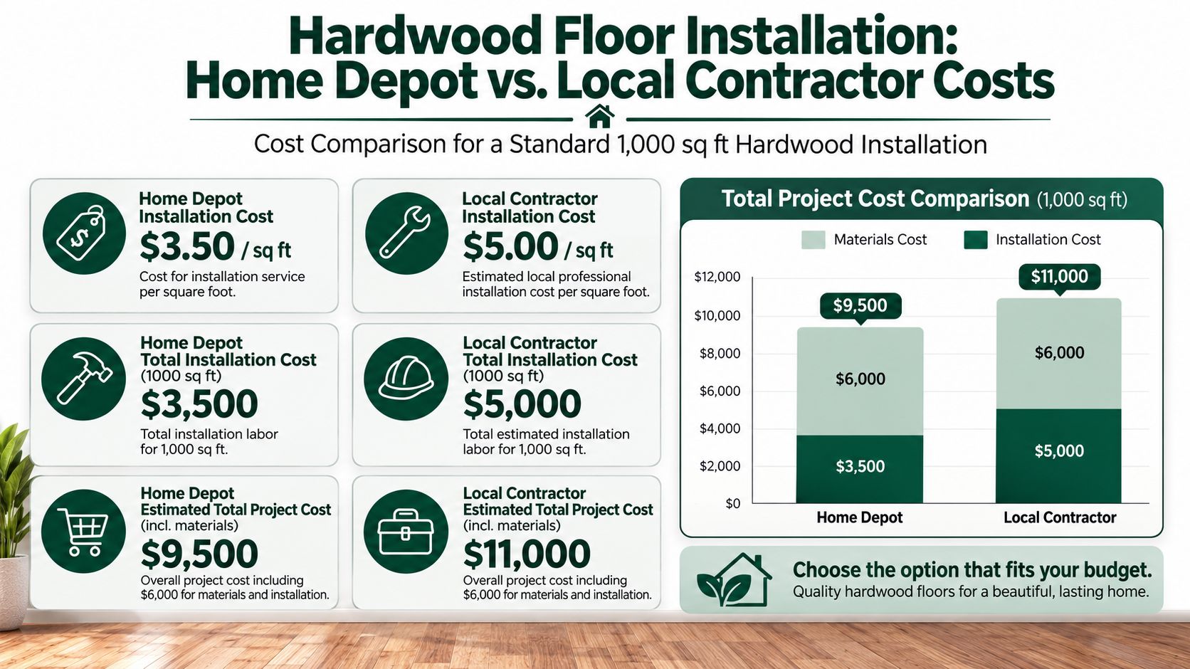 A comparison infographic showing cost differences between Home Depot and local contractors for hardwood floor installation.