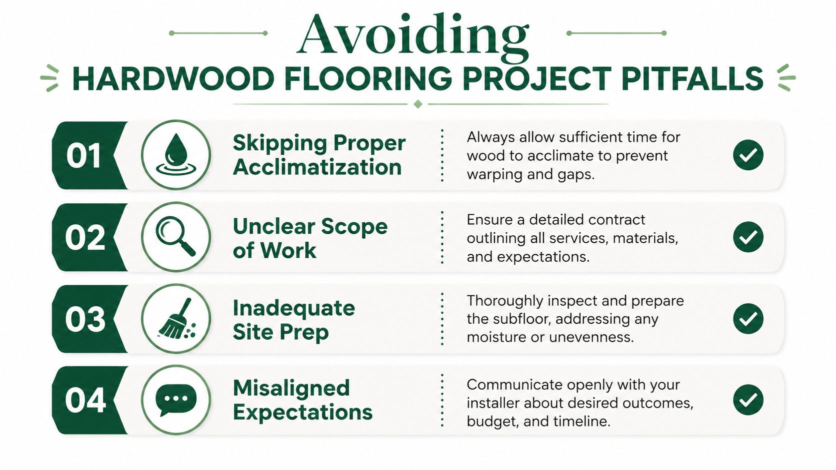 An infographic titled Avoiding Hardwood Flooring Project Pitfalls listing four common mistakes to avoid during installation.