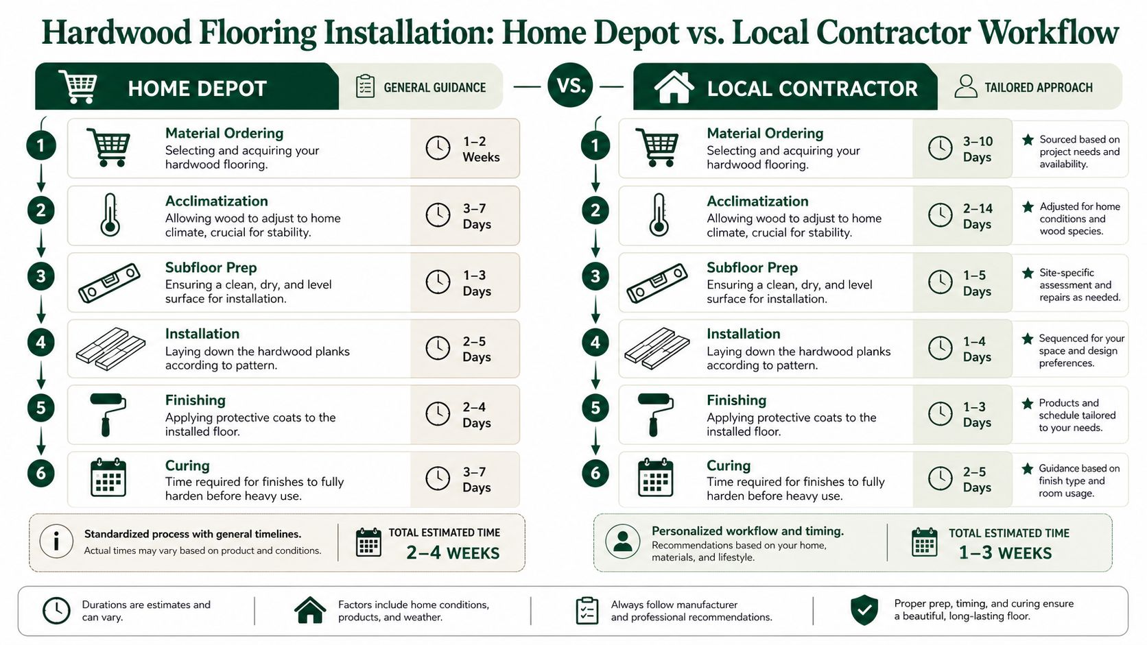 A comparison chart outlining the step-by-step workflow and timeline for hardwood floor installation between Home Depot and local contractors.