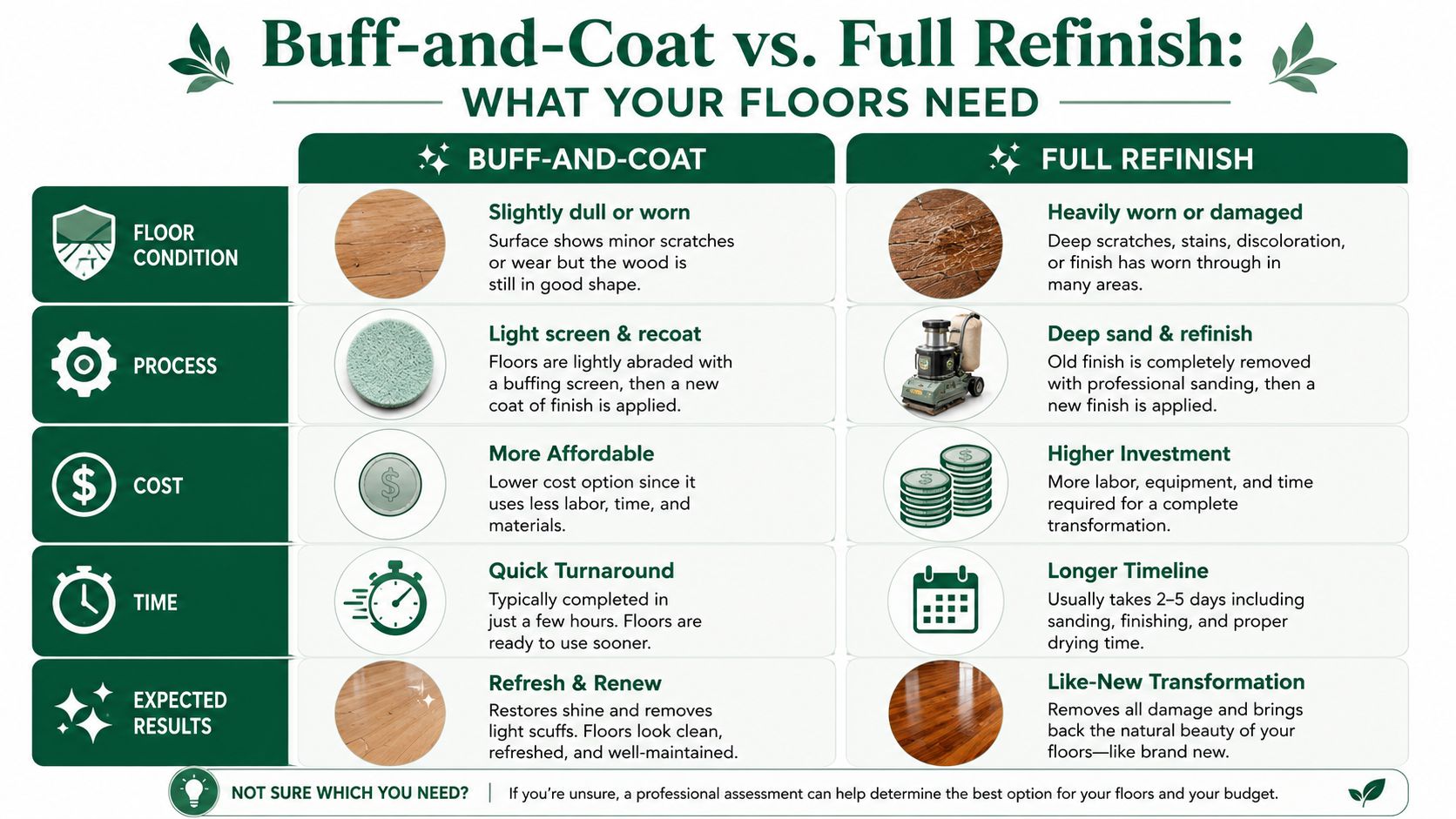 A comparison chart showing the differences between buff-and-coat and full refinishing for hardwood floors.