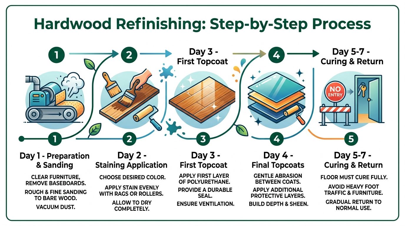 A five-step infographic detailing the professional process of refinishing hardwood floors from preparation to final curing.