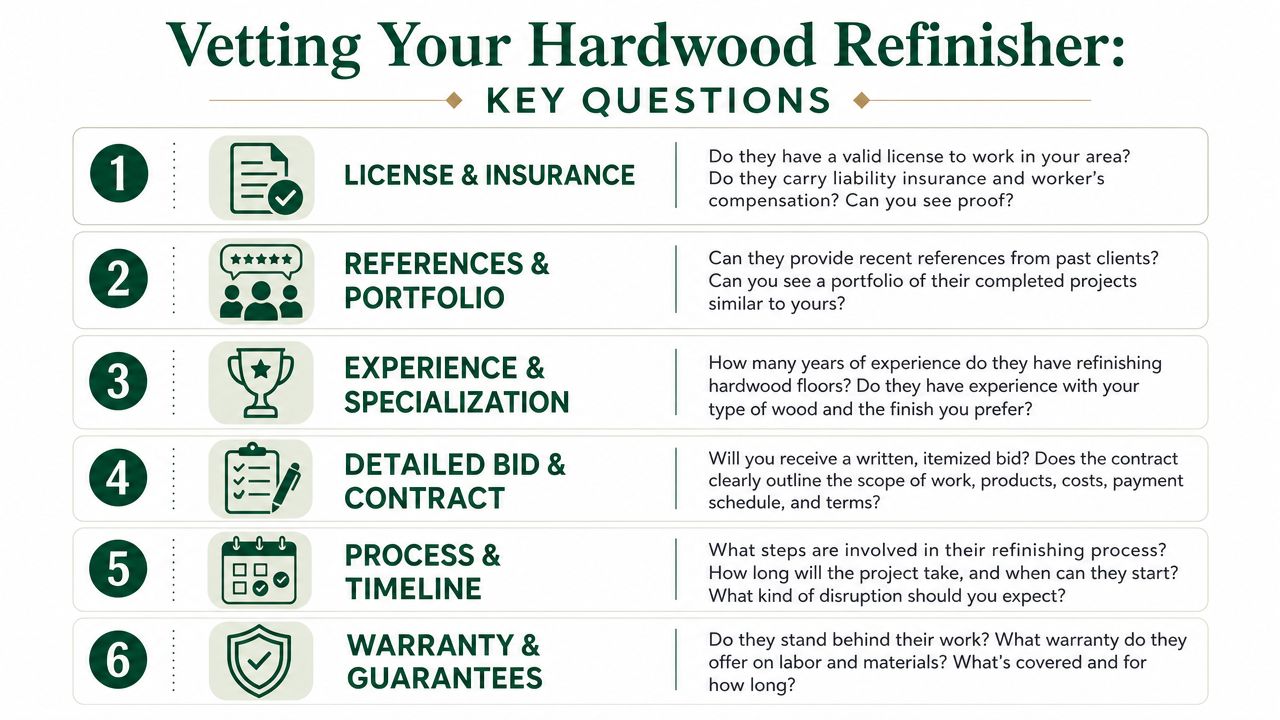A guide listing six key questions to ask when vetting professional hardwood floor refinishers before hiring.