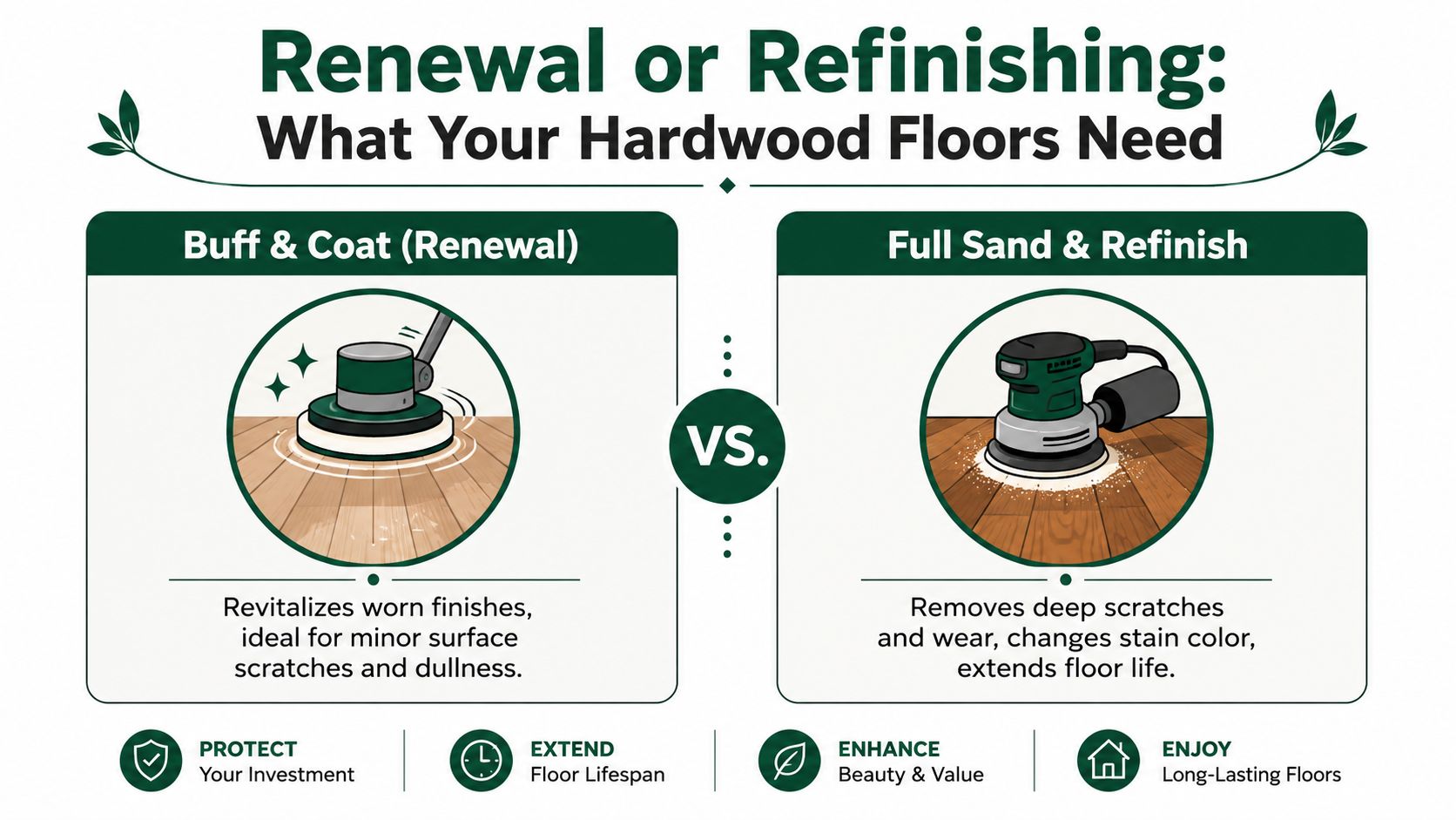An infographic comparing hardwood floor buff and coat renewal versus a full sand and refinish process.