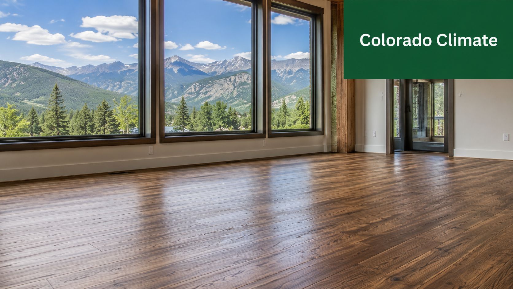 A modern, empty living room with dark hardwood floors and large windows showcasing a scenic mountain view.