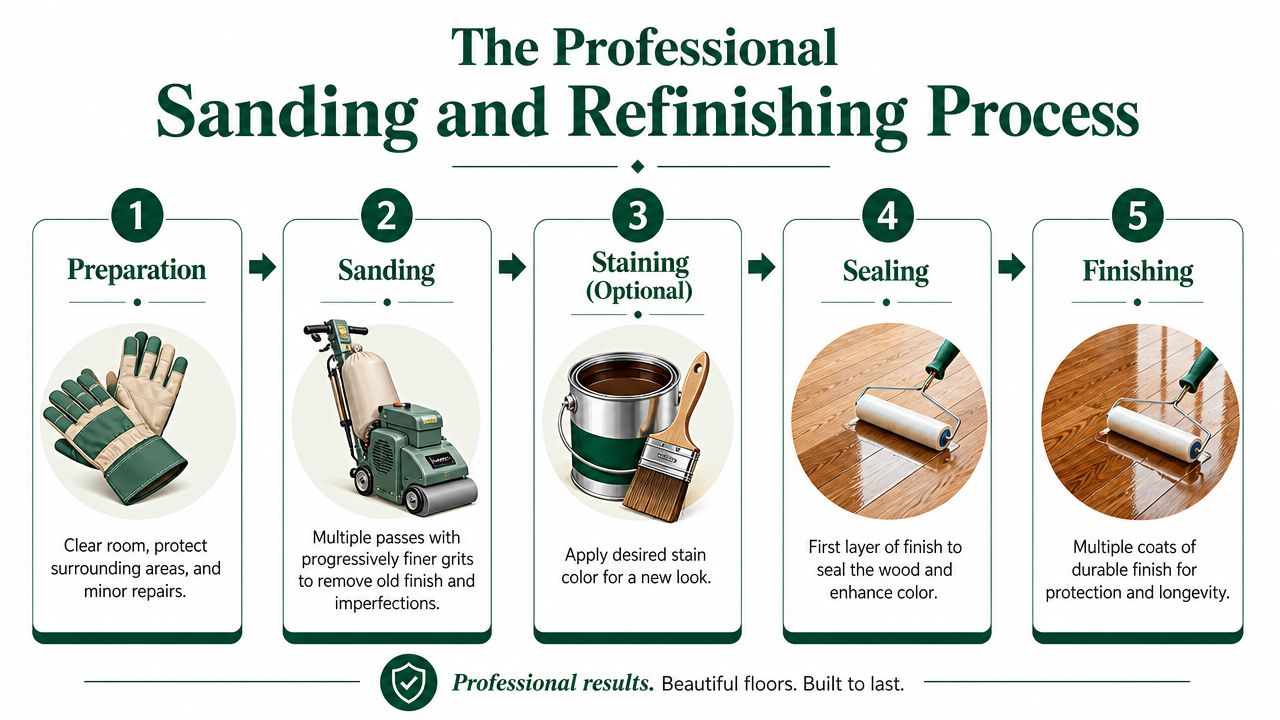 A step-by-step infographic showing the professional hardwood floor sanding and refinishing process from preparation to finishing.