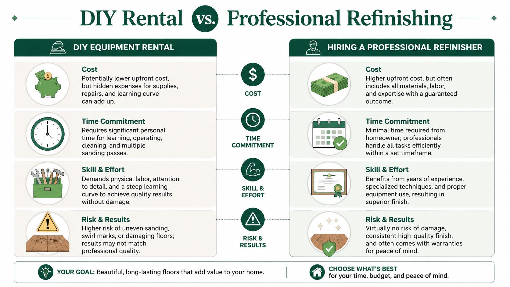 A comparison chart showing the differences between DIY hardwood floor equipment rental and professional floor refinishing services.