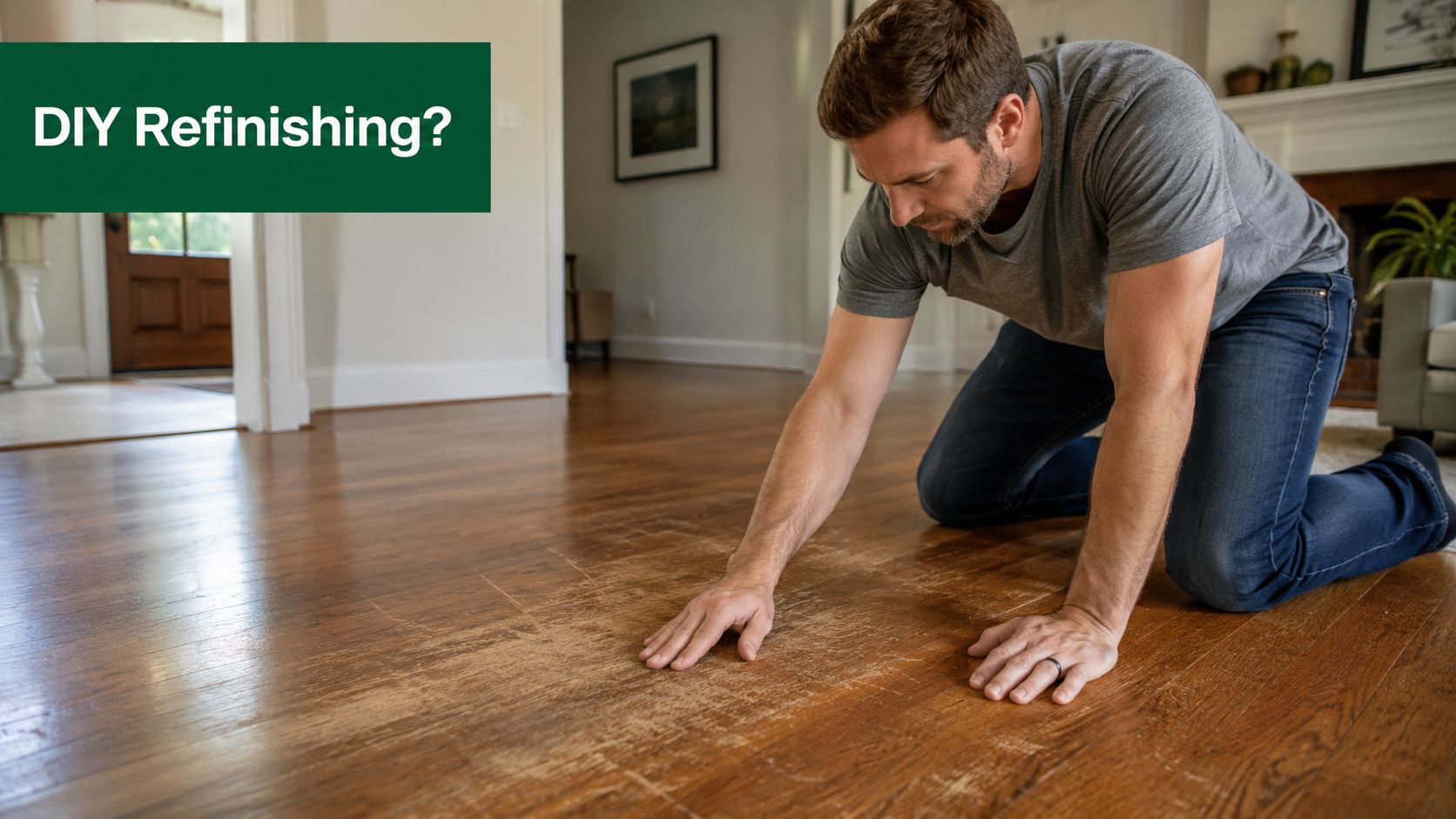 A man inspecting worn, scratched hardwood flooring while considering DIY home repair and floor refinishing.