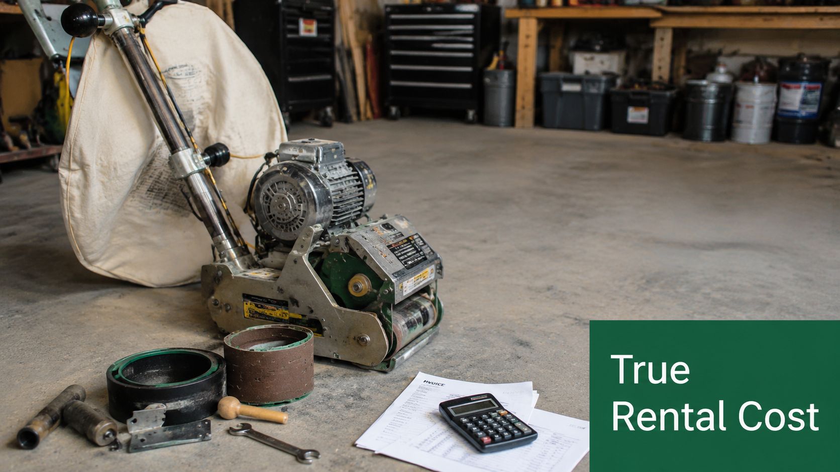 A professional floor sander with accessories and a calculator on a workshop floor for equipment rental analysis.