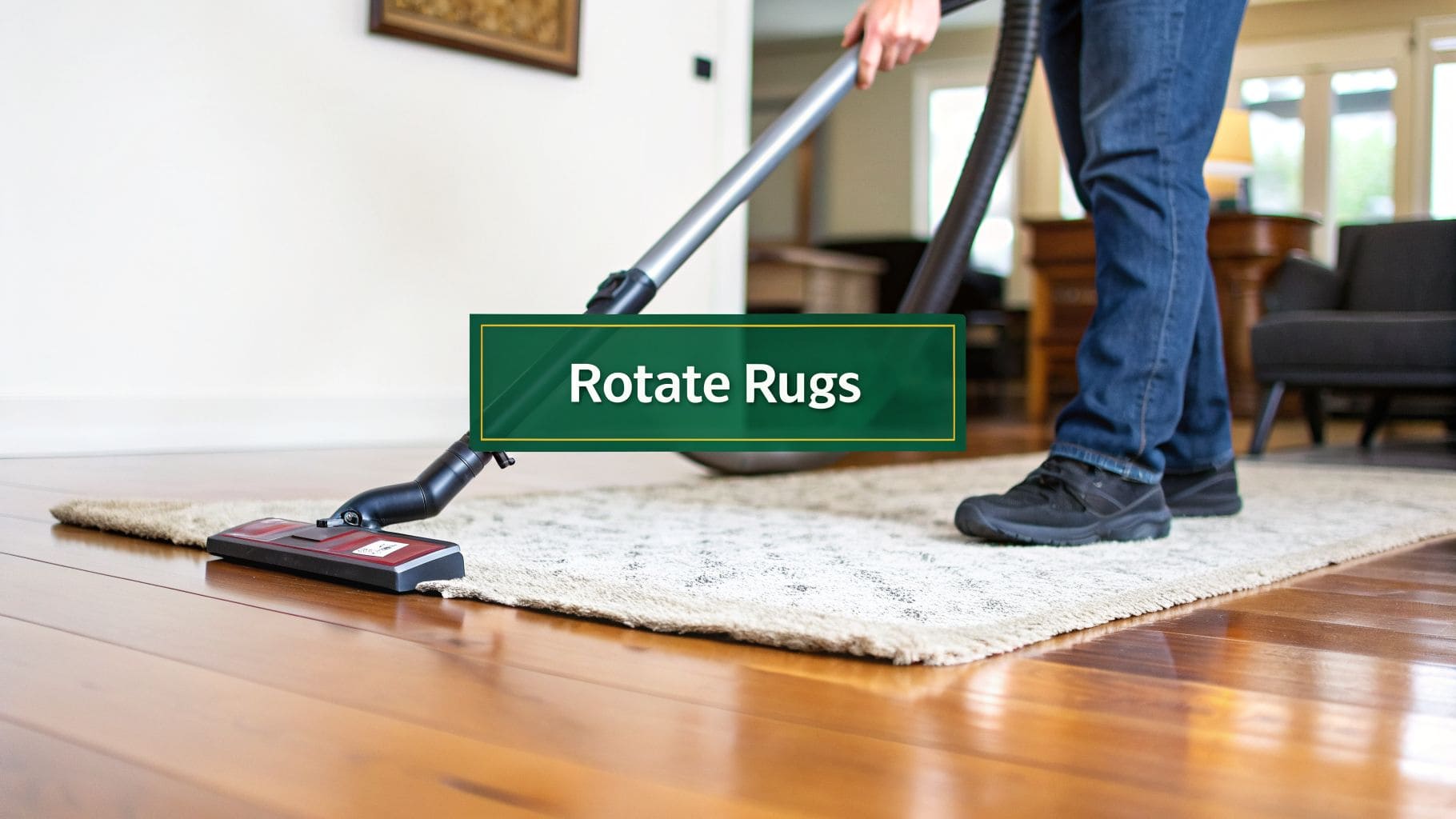 A person vacuums a light-colored area rug on shiny hardwood floors. Text overlay: Rotate Rugs.