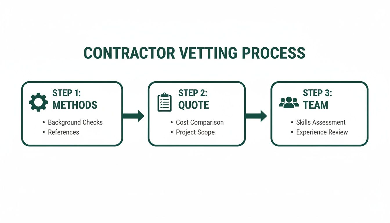 Infographic outlining a three-step contractor vetting process: Methods, Quote, and Team evaluation.