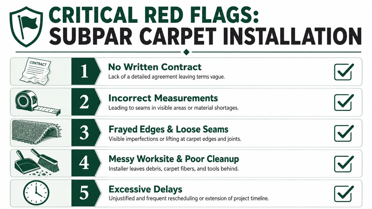 An infographic listing five critical red flags to look out for during a subpar carpet installation.
