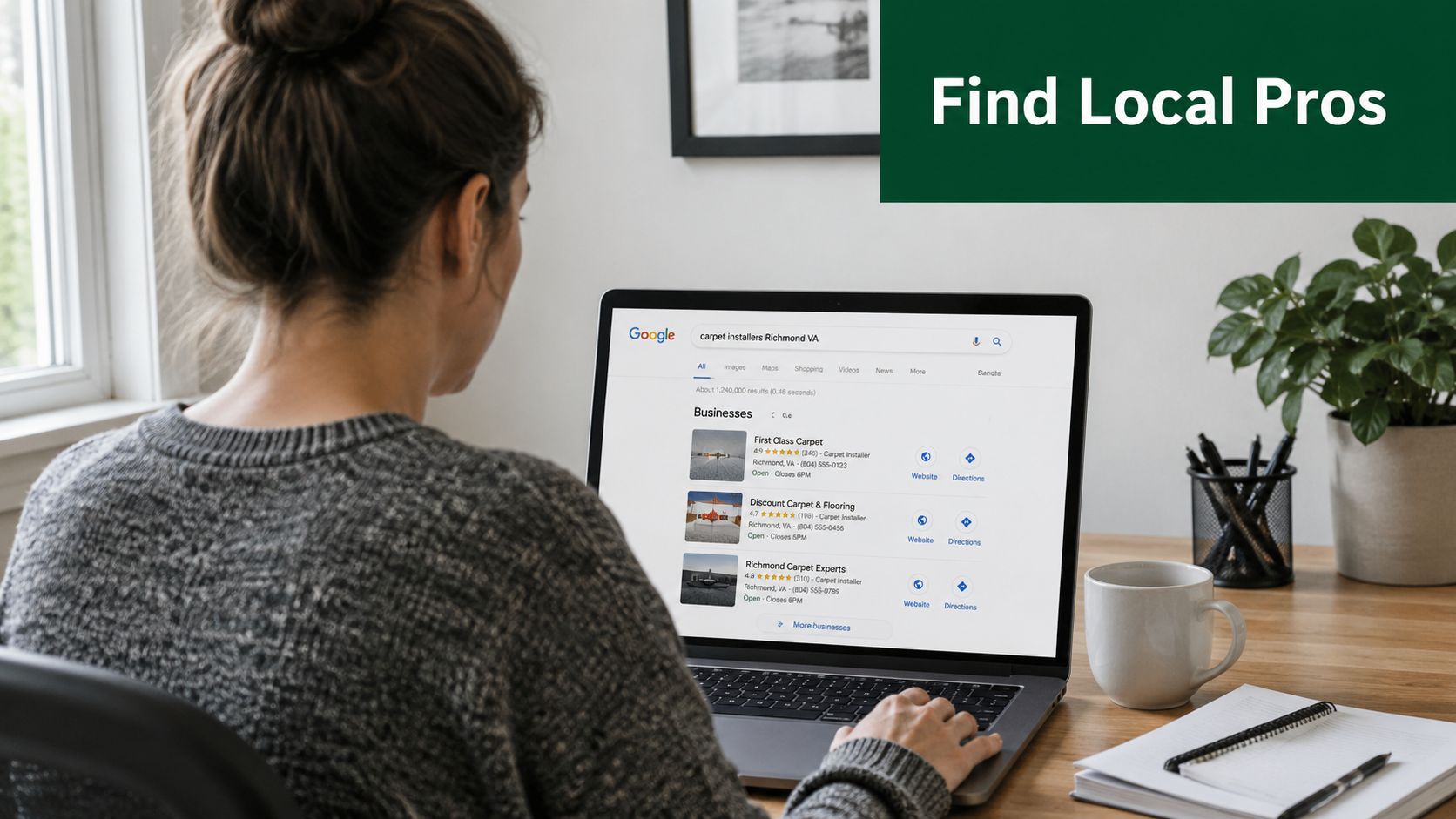 A woman using a laptop to search for local independent carpet installers in Richmond, VA on Google.